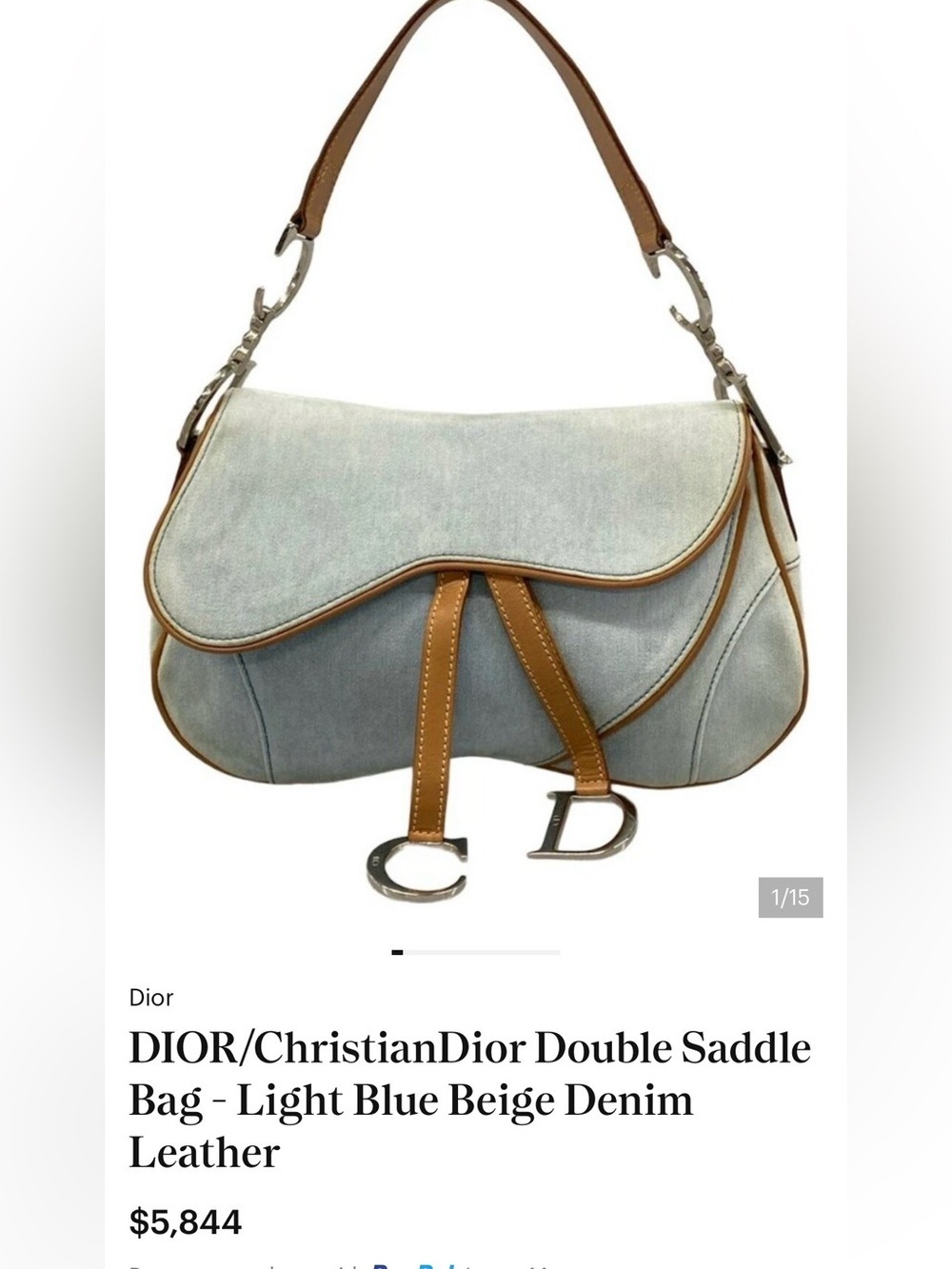 Auth DIOR Light Blue fabric double Saddle Bag Tan leather Trim vintage Silver - Picture 14 of 14